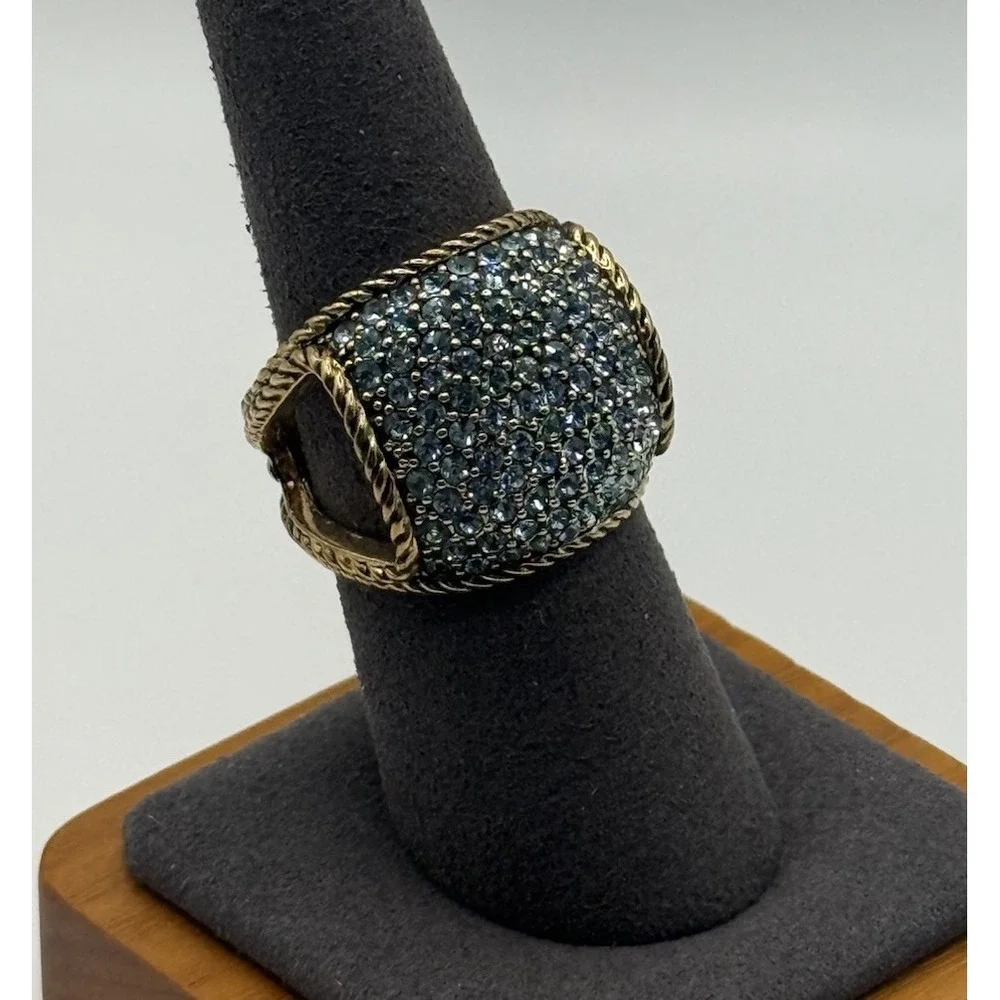 Blue Pavé Crystal Dome Ring Gold Tone Rope Edge Statement Ring Size 7.5‎